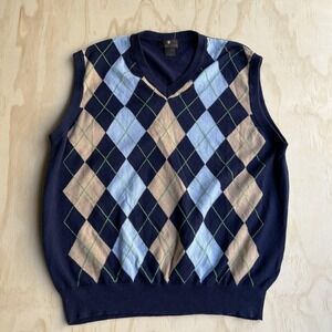 Toscano Sweater Vest Mens Large Blue Argyle Knit V Neck Cotton Rayon Italy
